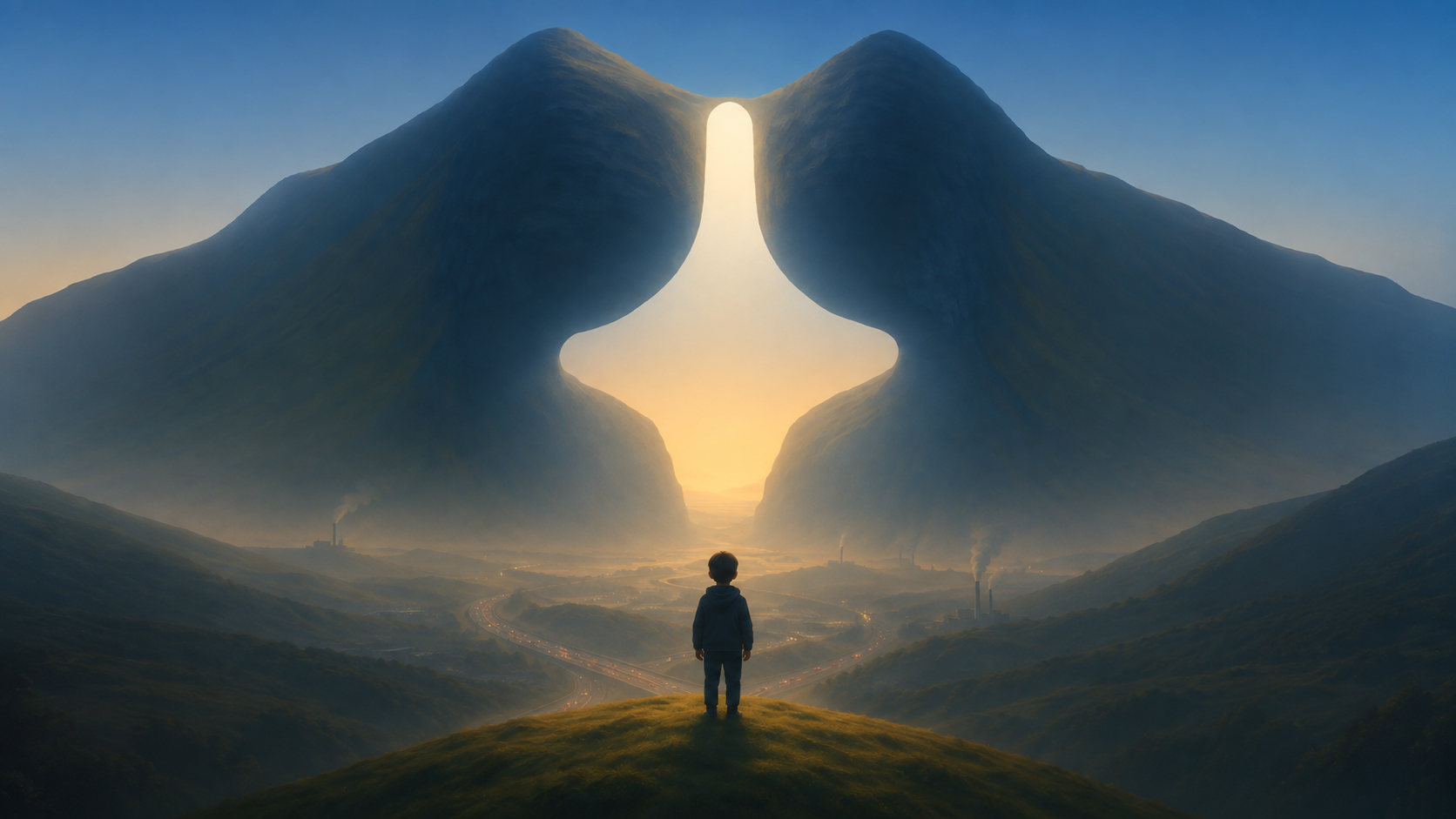 A child on a hillside above a hazy valley of traffic and chimney smoke, facing a break of daylight between two mountains.