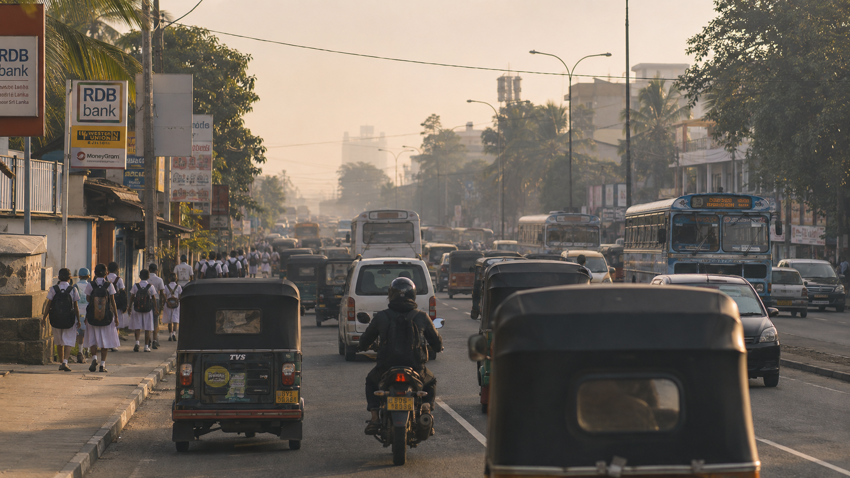 A Colombo traffic corridor at the morning school run: children in white uniforms on the verge beside stalled traffic and exhaust haze.