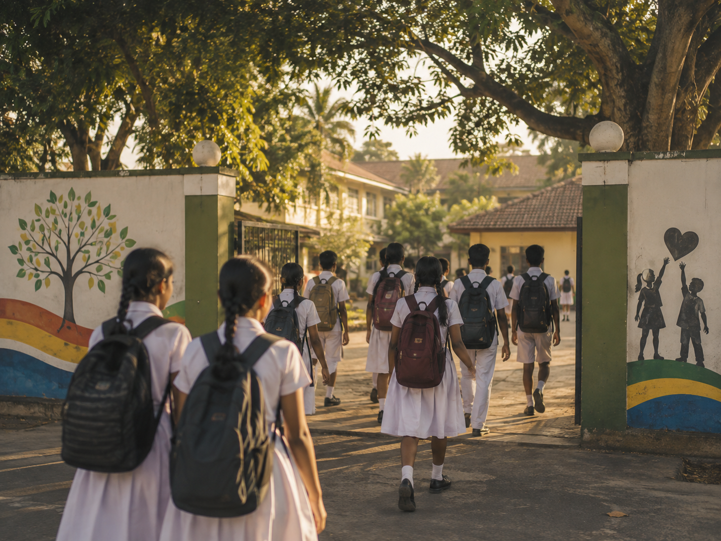 Sri Lankan schoolchildren in white uniforms on their way to school.